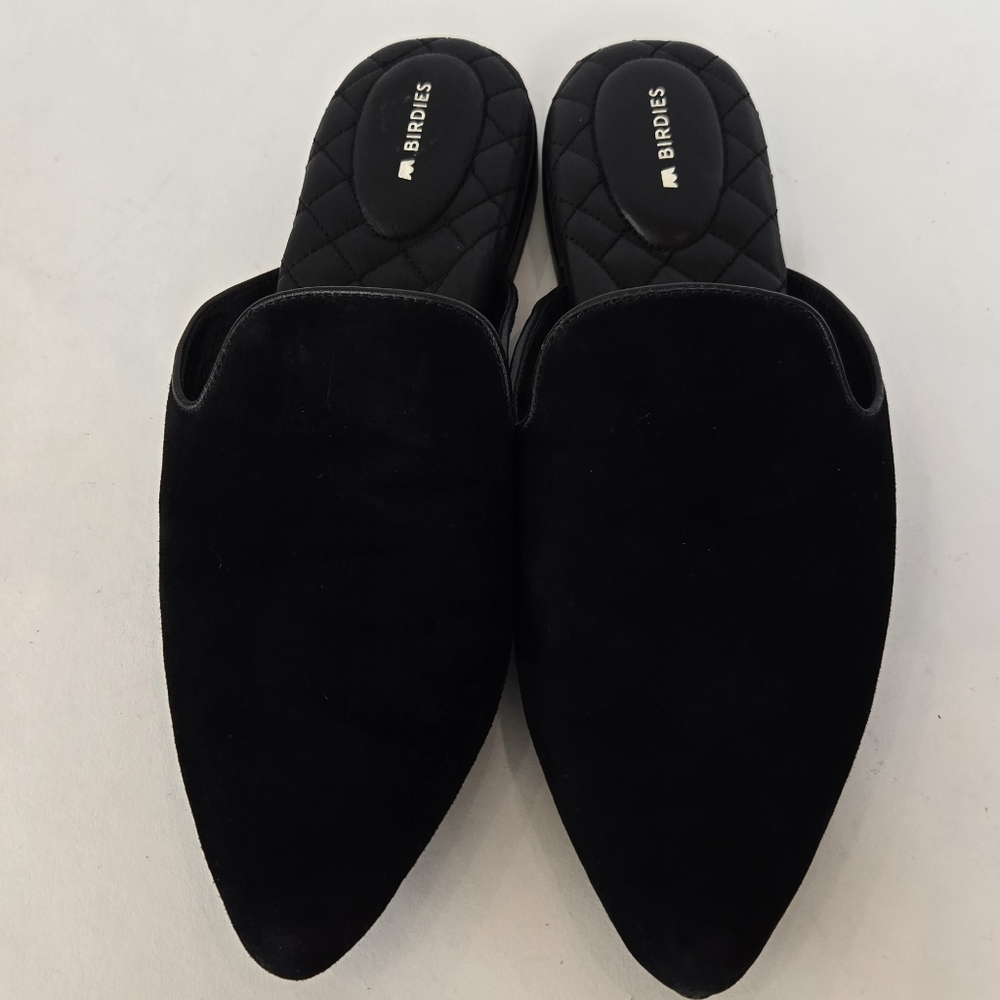 Birdies Black Suede Mules Sleek Pointed Toe